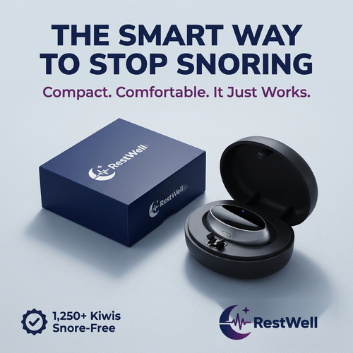 The smart way to stop snoring — the RestWell device and charging case with its presentation box